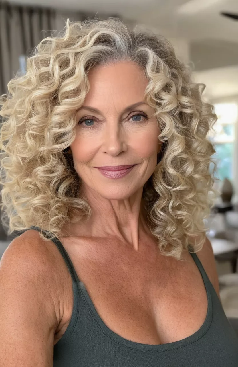 Perfect Light Blonde Curls A photo of a 54-year-old Nancy, perfect light blonde curls, front view, living room background