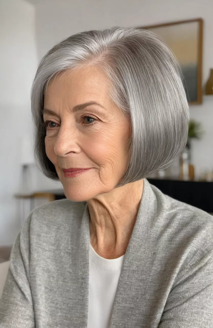 A photo of a 75-year-old Barbara, simple gray bob with subtle layers, side view, living room background