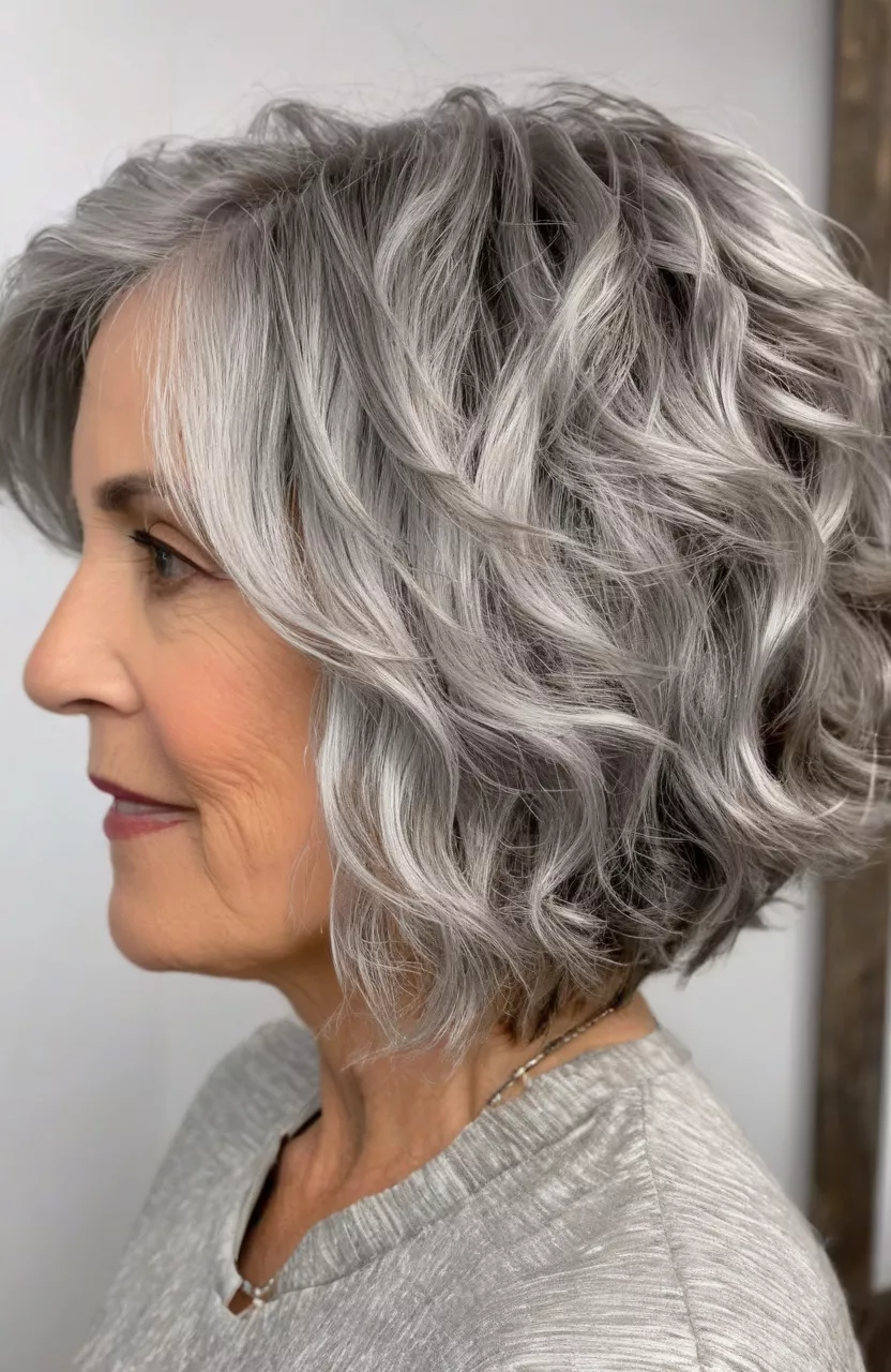 Silver Wavy Choppy Bob A photo of a 54-year-old Kathryn, silver wavy choppy bob, side view, living room background