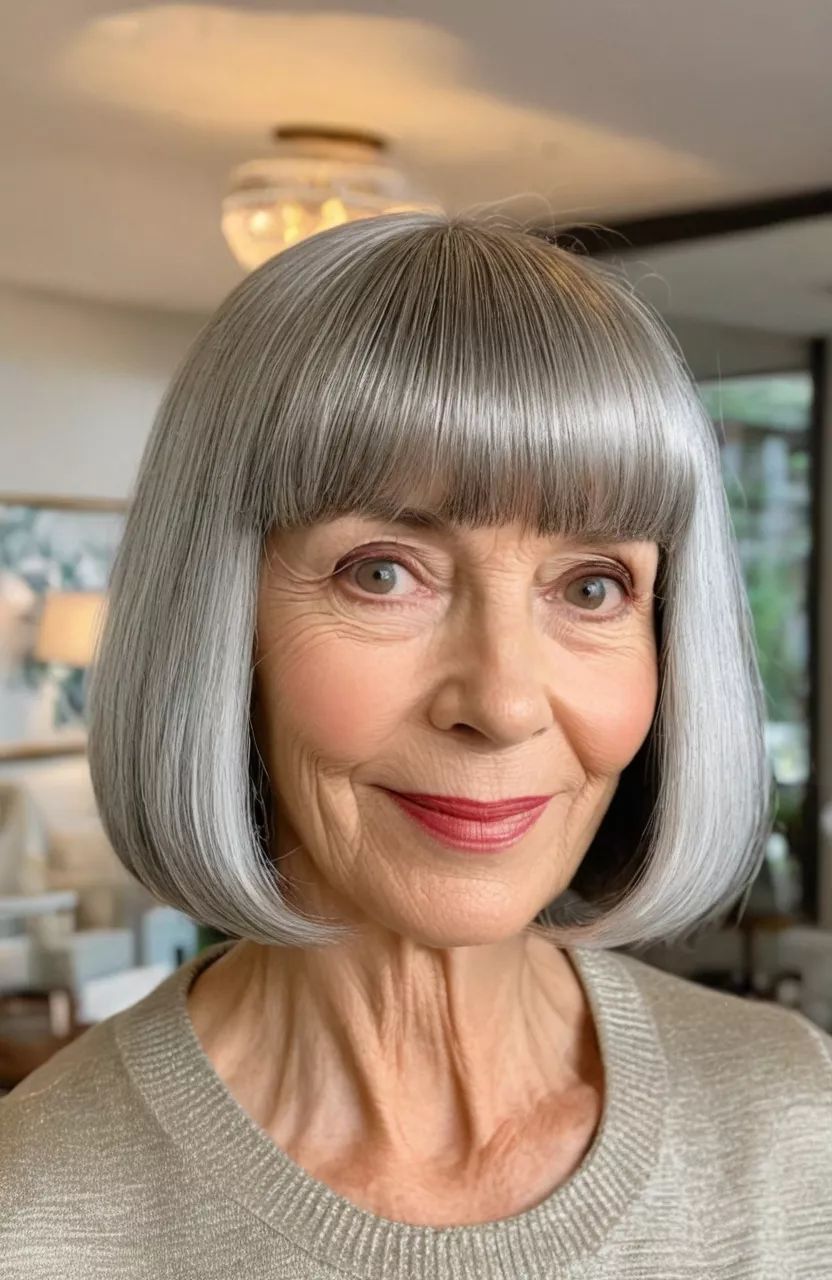 Vintage Silver Bob with Bangs A photo of a 53-year-old Evelyn, vintage silver bob with bangs, front view, living room background