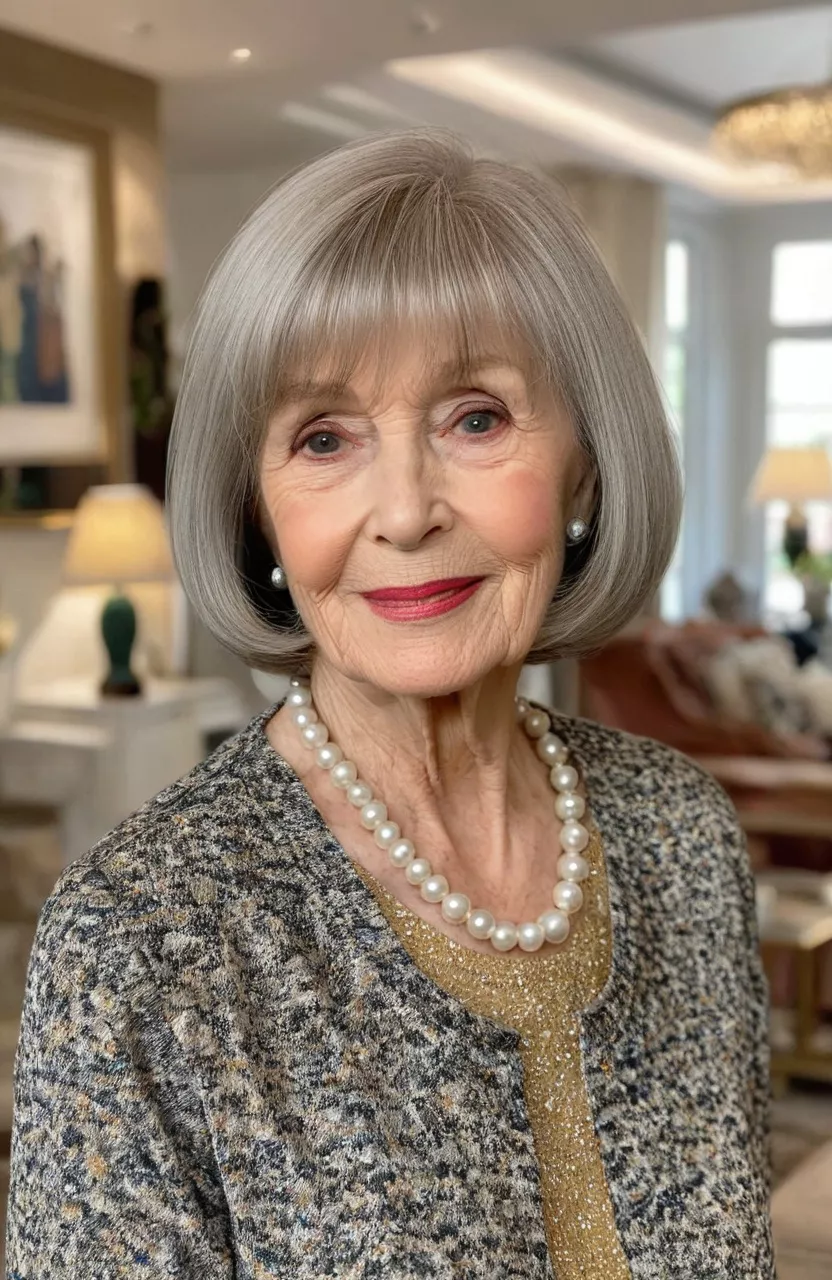Lob With Side-Swept Bangs A photo of a 78-year-old Helen, long bob with side-swept bangs, front view, living room background