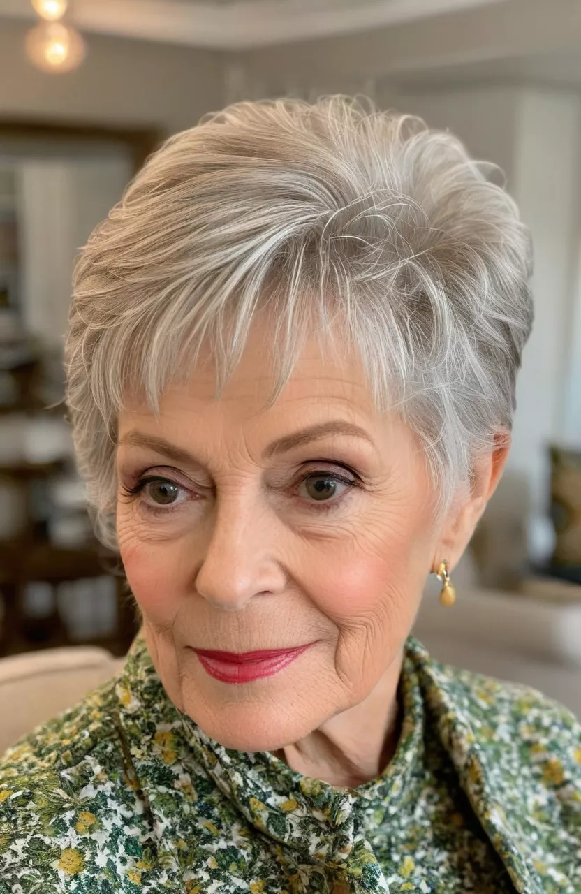 Pixie with Side-Swept Bangs A photo of a 71-year-old Betty, pixie with side-swept bangs, side view, living room background