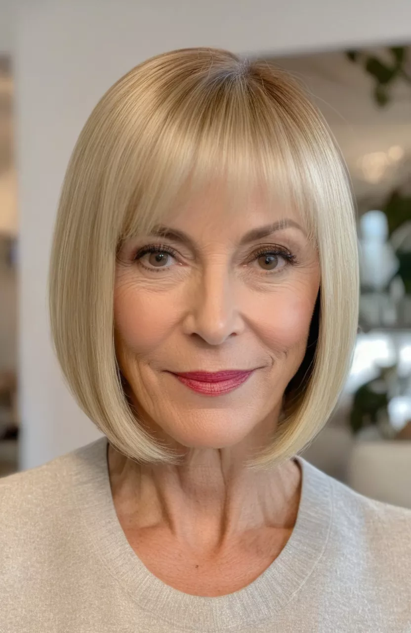 Glossy Blonde Bob A photo of a 52-year-old Patricia, glossy blonde bob, front view, living room background