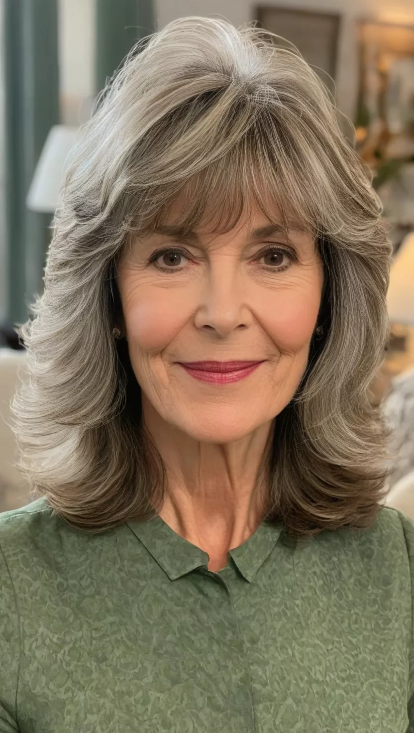 A photo of a 58-year-old Gloria, wavy shoulder-length layers with bangs, front view, living room background