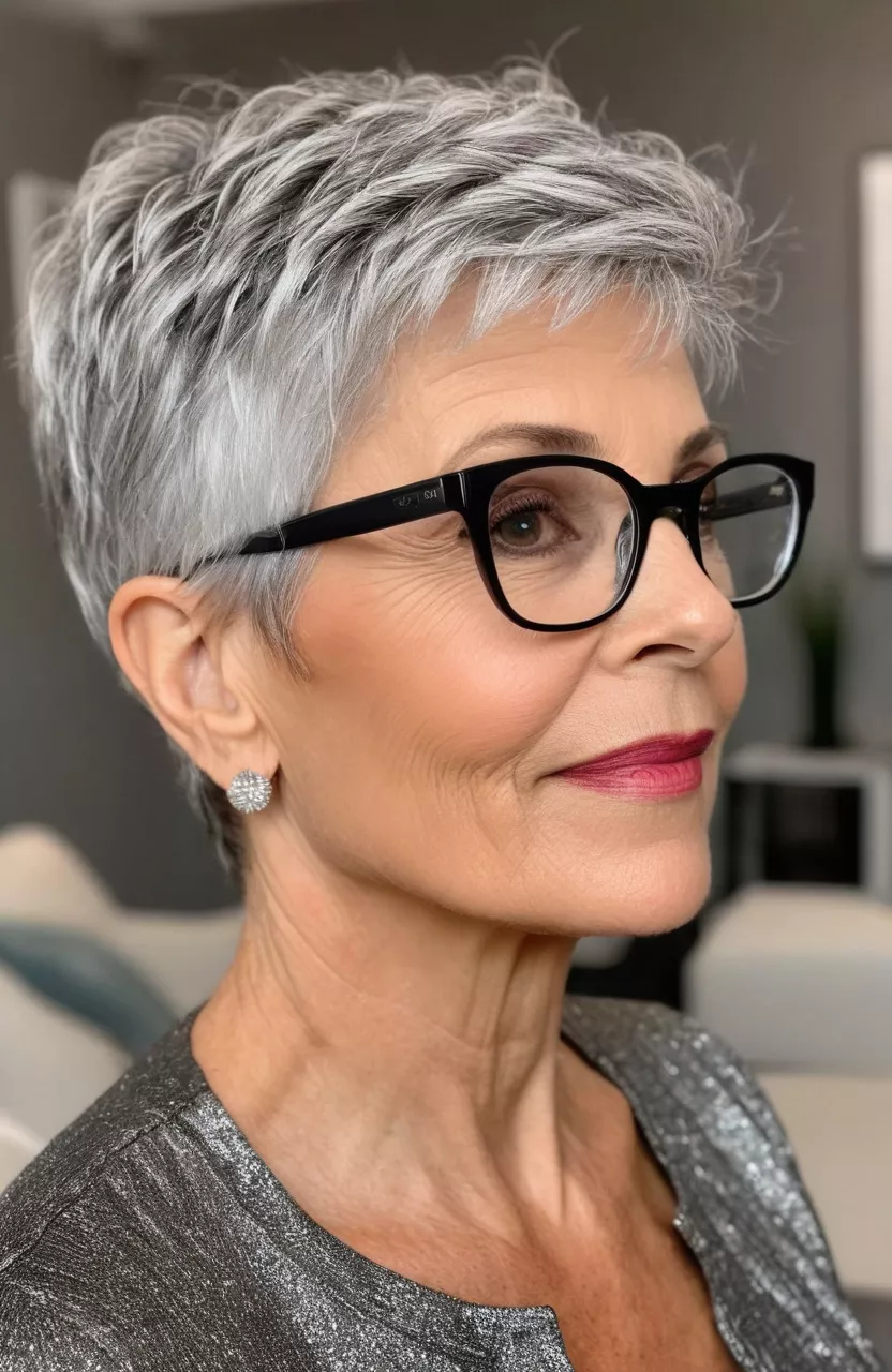 A photo of a 57-year-old Sandra with glasses, silver textured pixie with tight fade, side view, living room background