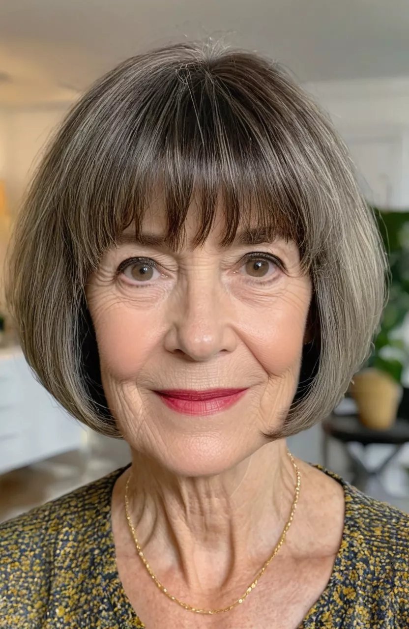 Textured French Bob with Bangs A photo of a 64-year-old Karen, textured French bob with bangs, front view, living room background