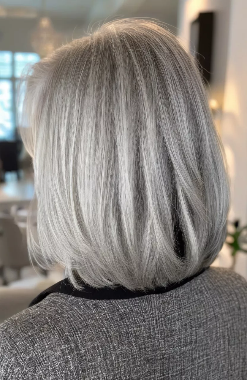 Softly Layered Silver Long Bob A photo of a 58-year-old Dorothy, softly layered silver long bob, back view, living room background