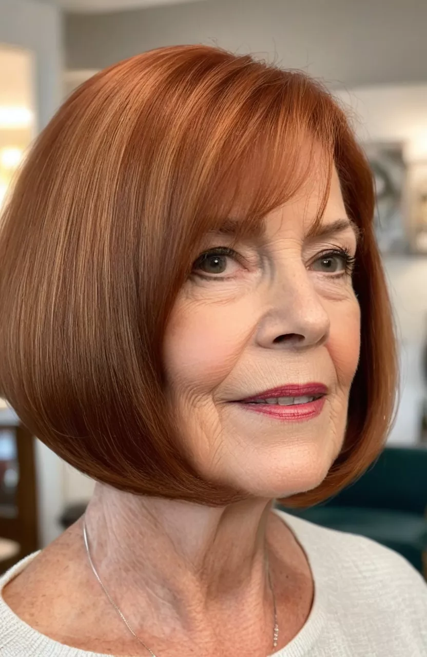 Inverted Auburn Bob A photo of a 67-year-old Patricia, inverted auburn bob, side view, living room background