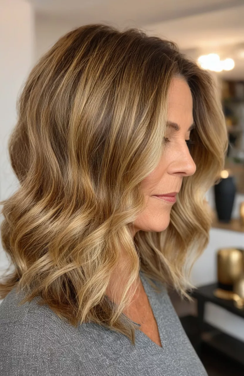 Golden Balayage A photo of a 52-year-old Barbara, golden balayage medium length, side view, living room background