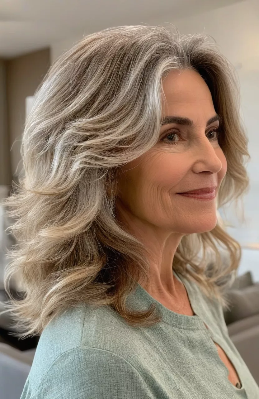 Fluffy Balayaged Hair A photo of a 55-year-old Rebecca, fluffy balayaged hair, side view, living room background