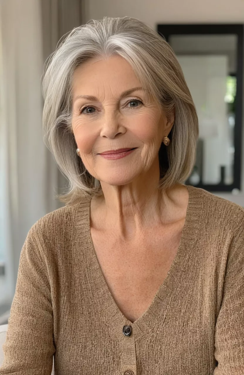 Simple Straight Cut A photo of a 68-year-old Lisa, simple straight cut, front view, living room background