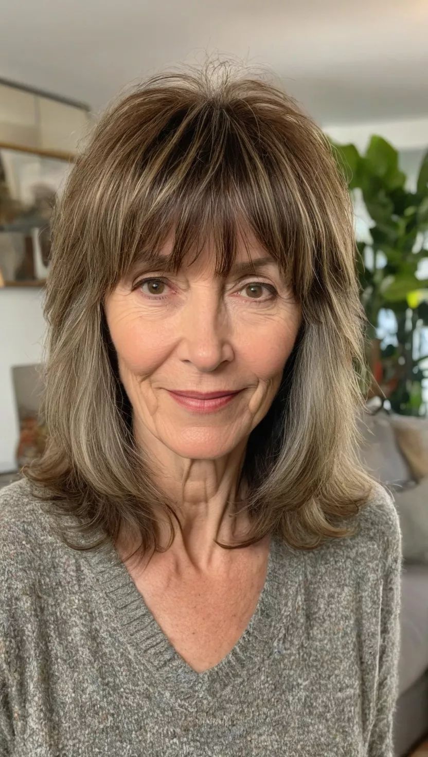 A photo of a 56-year-old Diane, medium-length shaggy layers with bangs, front view, living room background