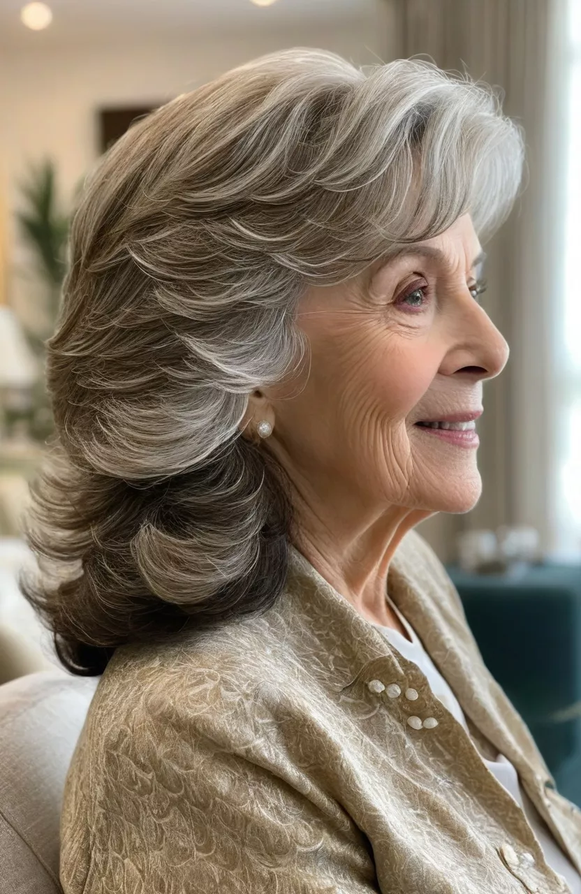 A photo of a 72-year-old Patricia, long layered waves with side-swept bangs, side view, living room background
