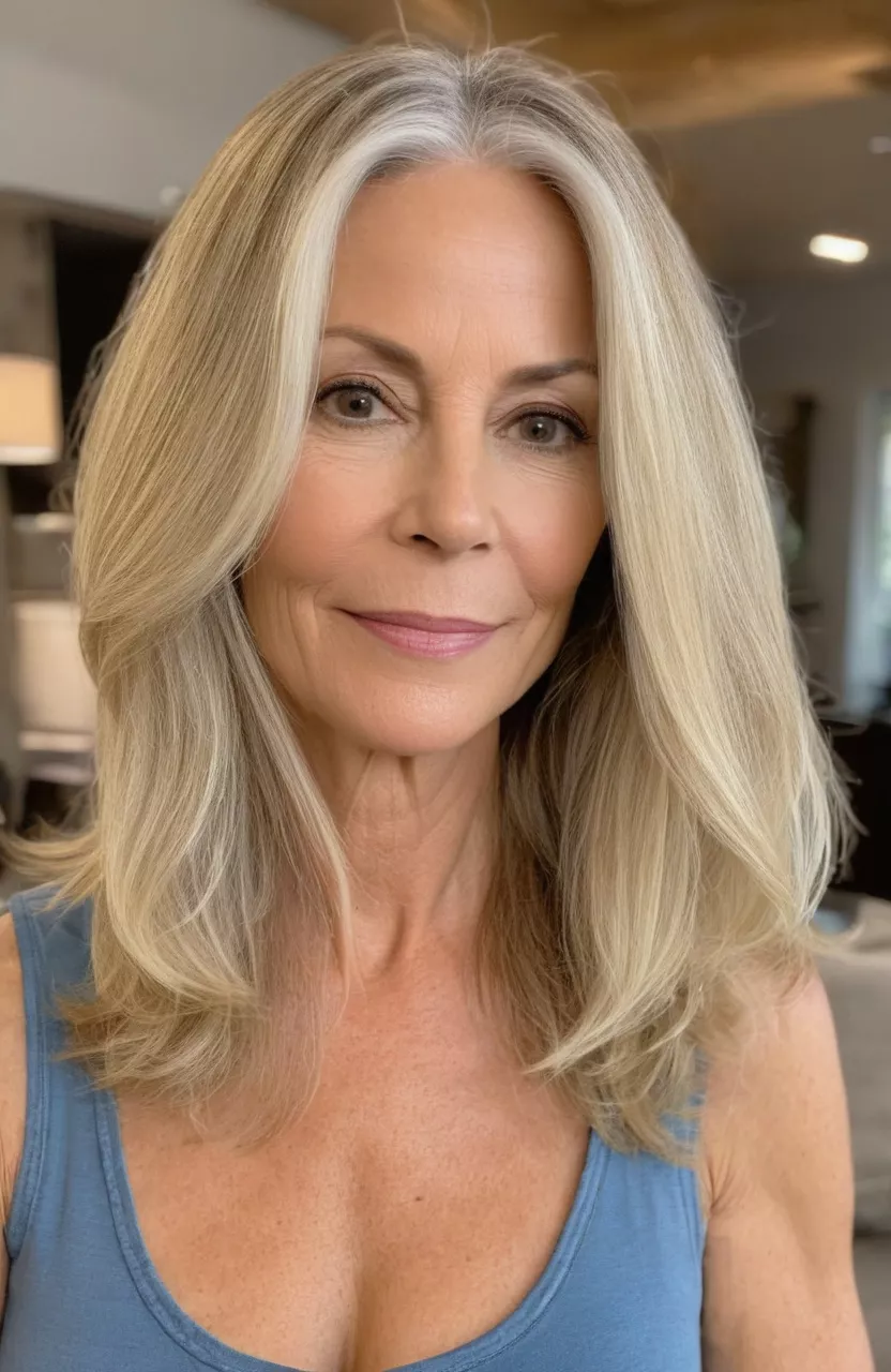 Blonde Hair with a Middle Part A photo of a 57-year-old Karen, blonde medium hair middle part, front view, living room background