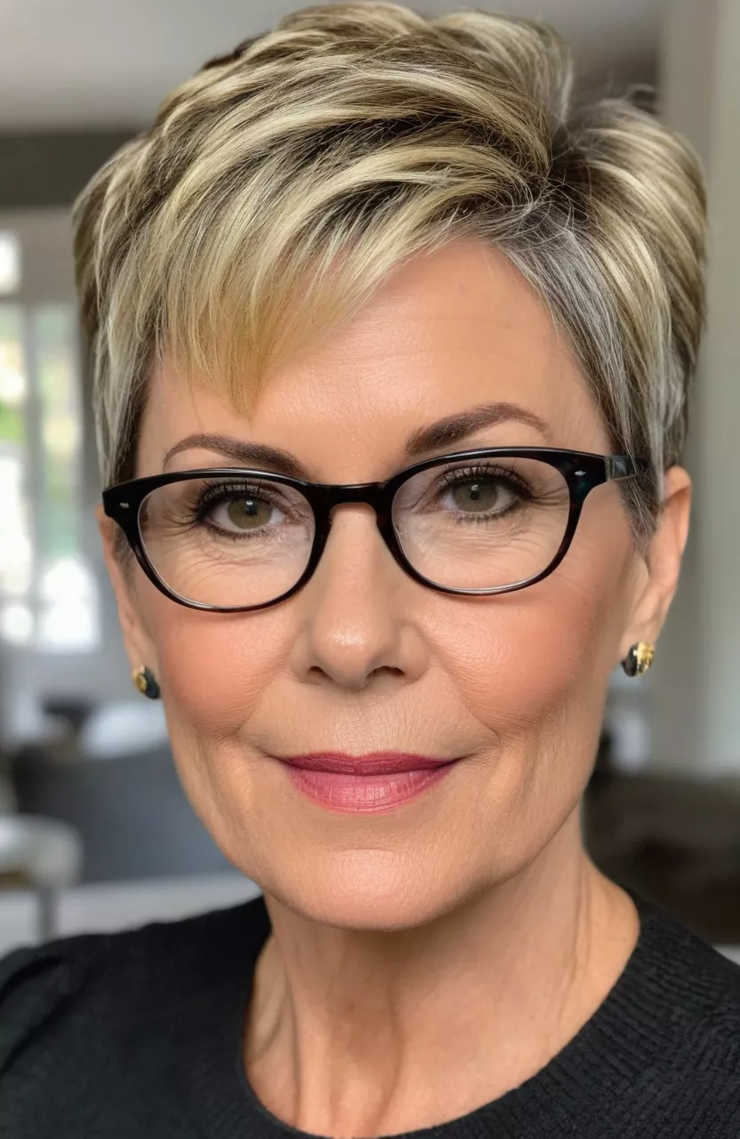 A photo of a 52-year-old Donna with glasses, brushed-up pixie with blonde highlights, front view, living room background