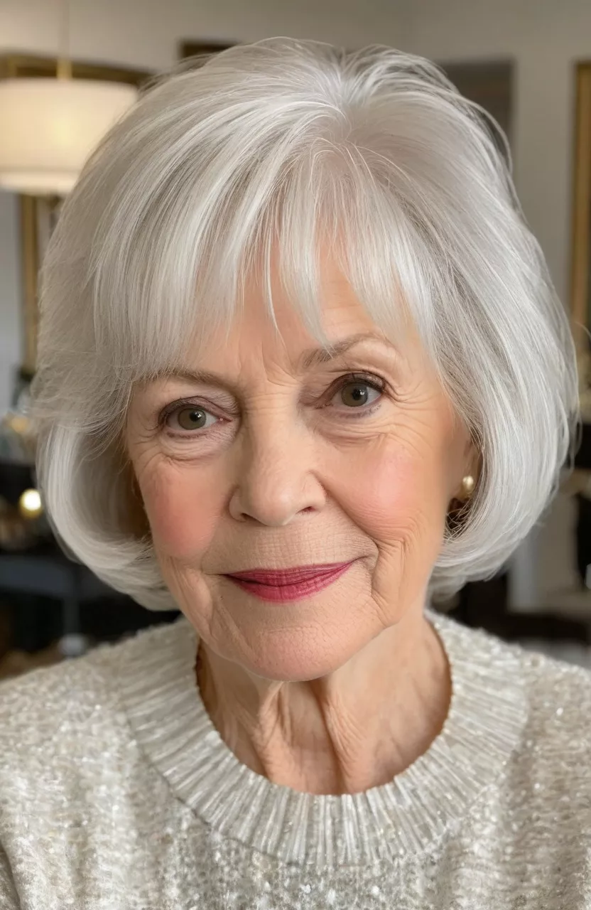 A photo of a 71-year-old Betty, white wispy bob for fine hair, front view, living room background