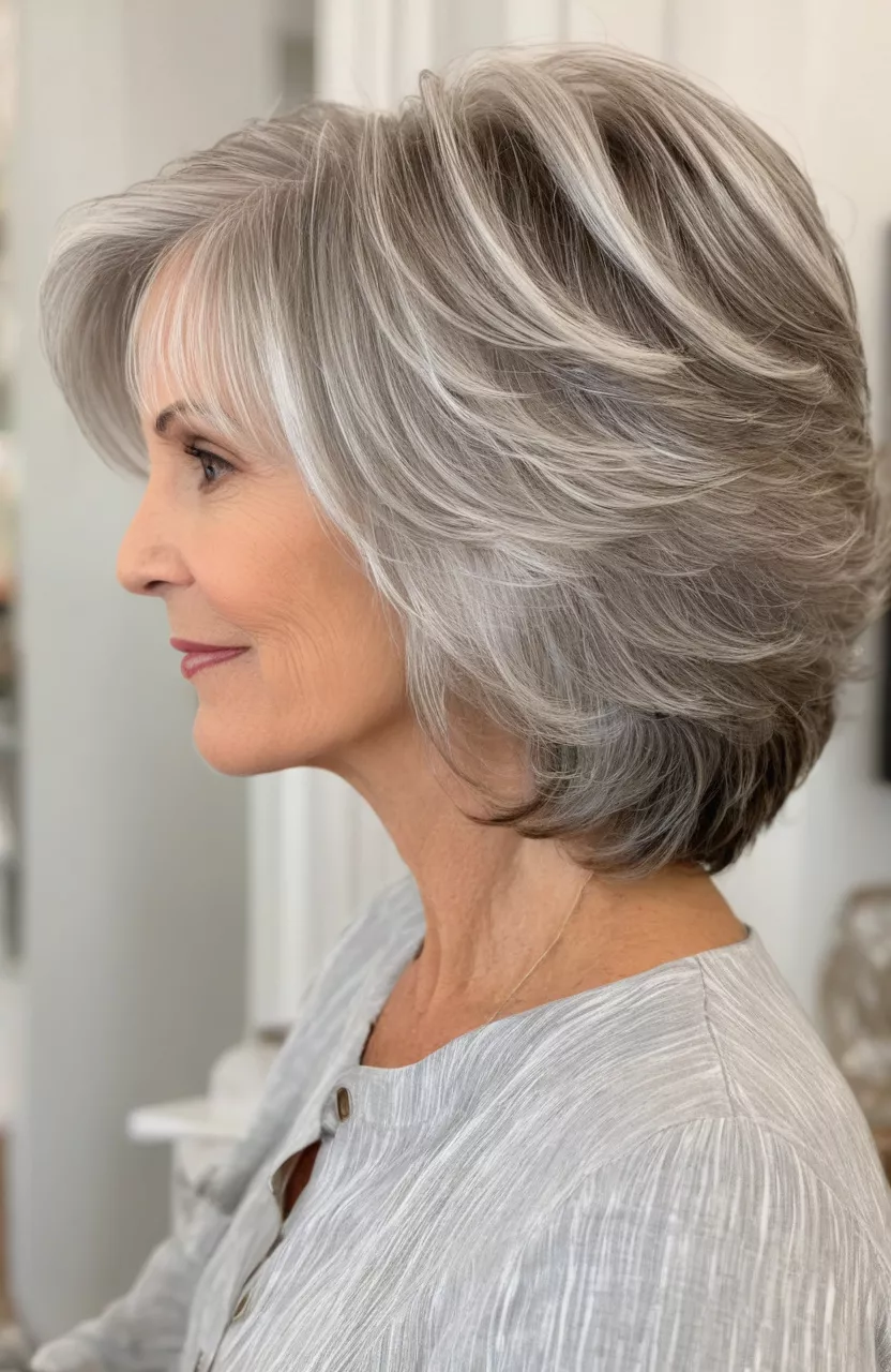 A photo of a 66-year-old Lisa, flowy silver blonde highlights with lowlights and layers, side view, living room background