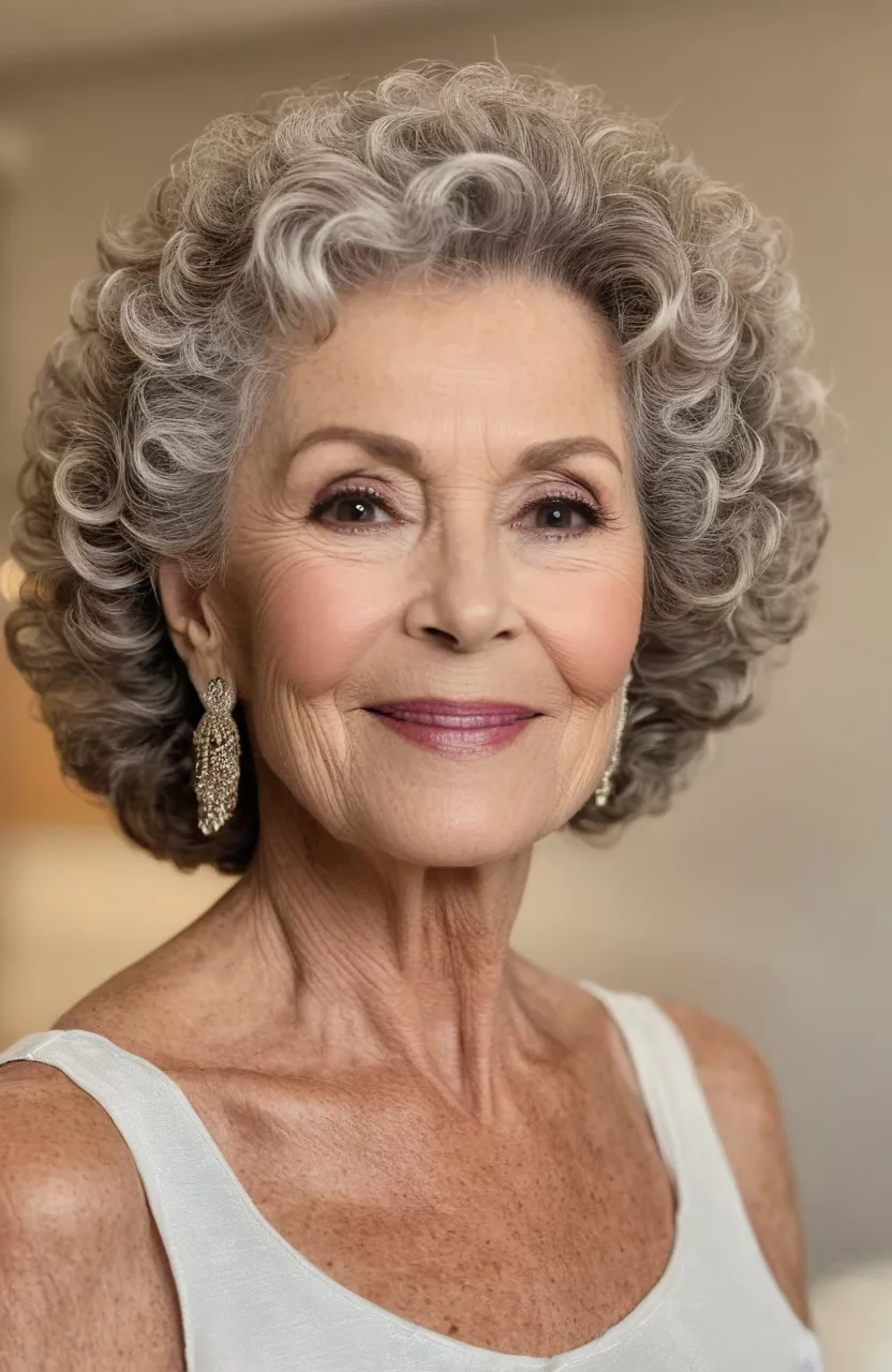 Cropped Curls A photo of a 72-year-old Cheryl, cropped curls, side view, living room background