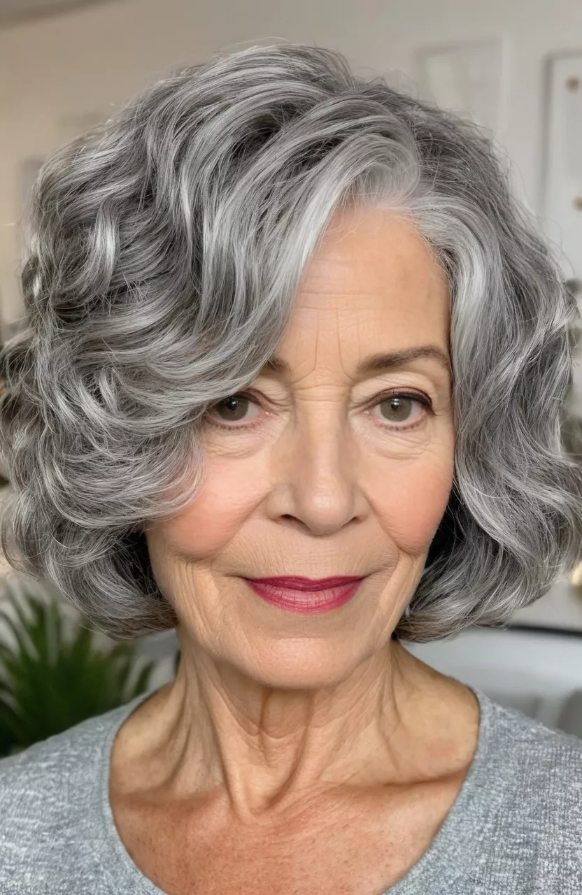 A photo of a 66-year-old Deborah, wavy gray bob with natural texture, front view, living room background