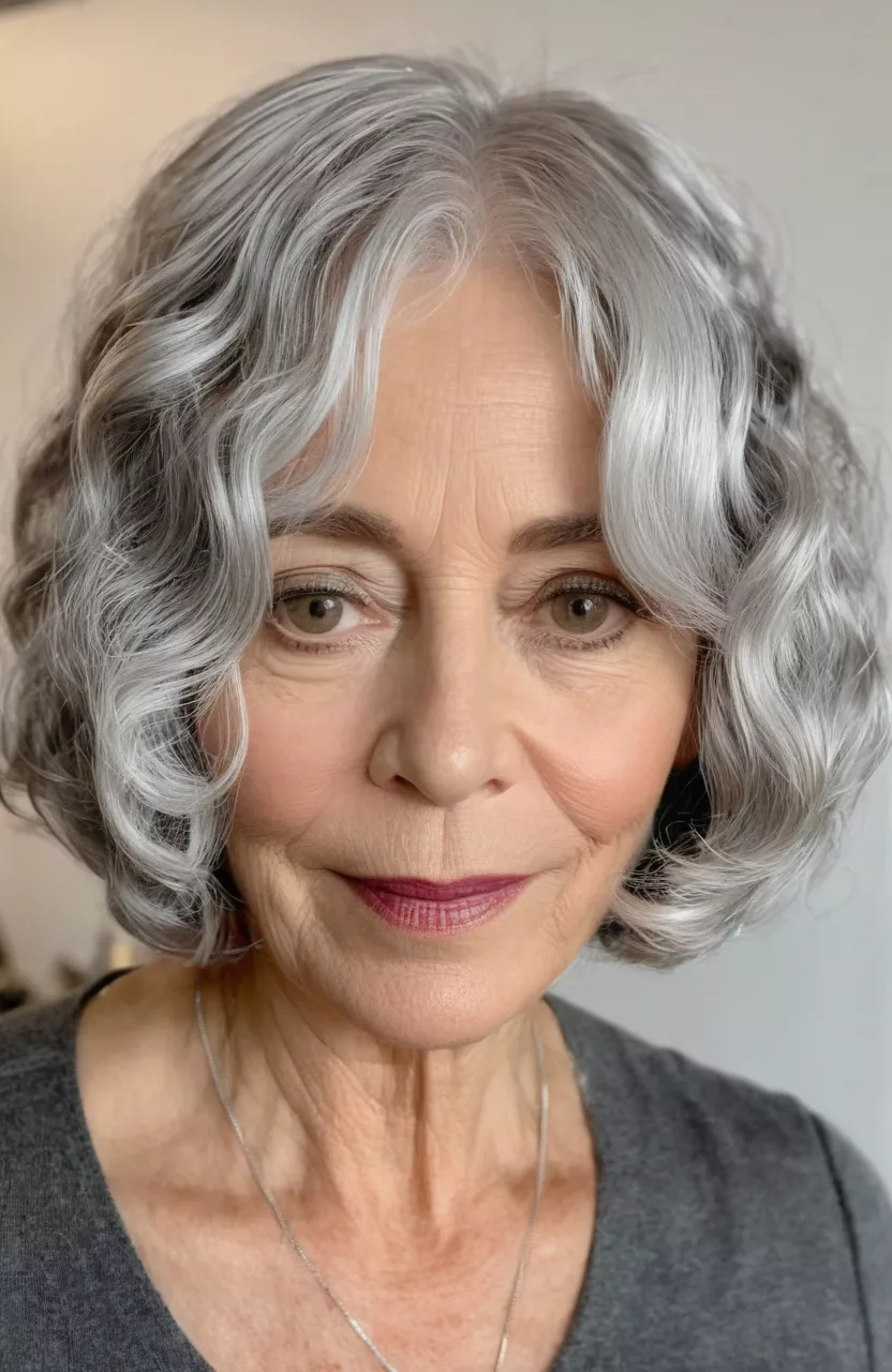 Medium-Length Wavy Silver Bob A photo of a 57-year-old Victoria, medium-length wavy silver bob, front view, living room background