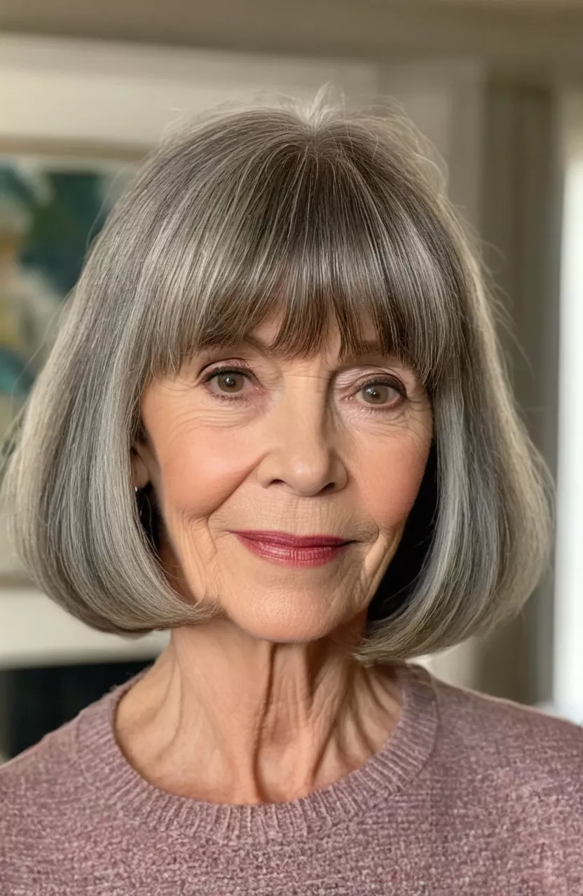 Blunt Bangs A photo of a 67-year-old Sharon, blunt bangs, front view, living room background