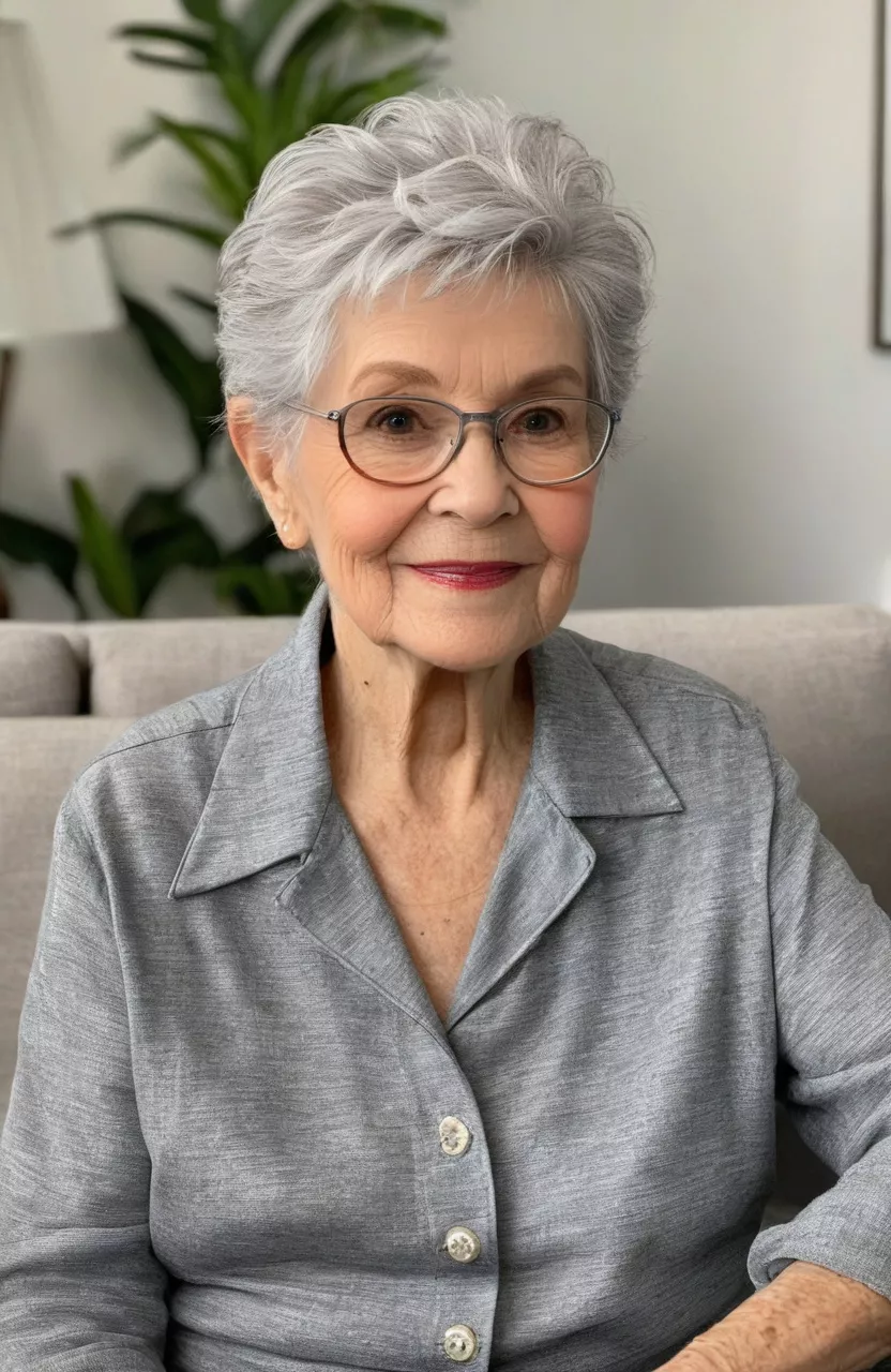 Grey Pixie for Coarse Hair A photo of a 77-year-old Dorothy, grey pixie for coarse hair, front view, living room background