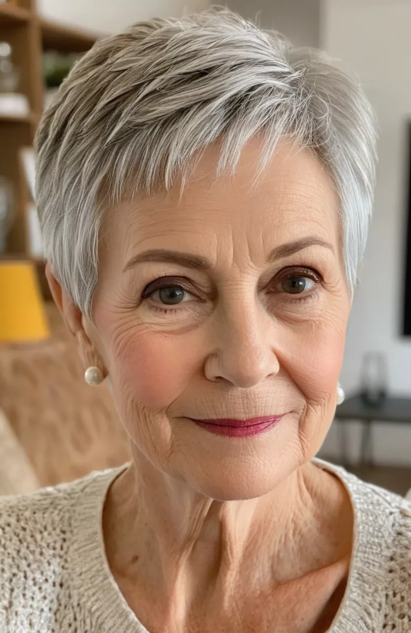 Short Pixie for Thin Hair A photo of a 73-year-old Helen, short pixie for thin hair, front view, living room background
