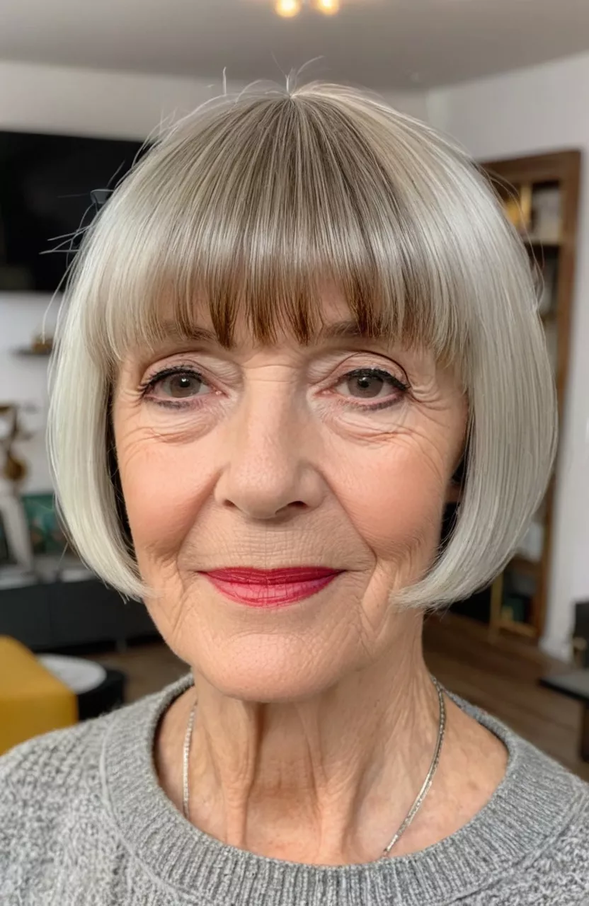 A photo of a 72-year-old Joyce, undercut French bob with straight bangs, front view, living room background