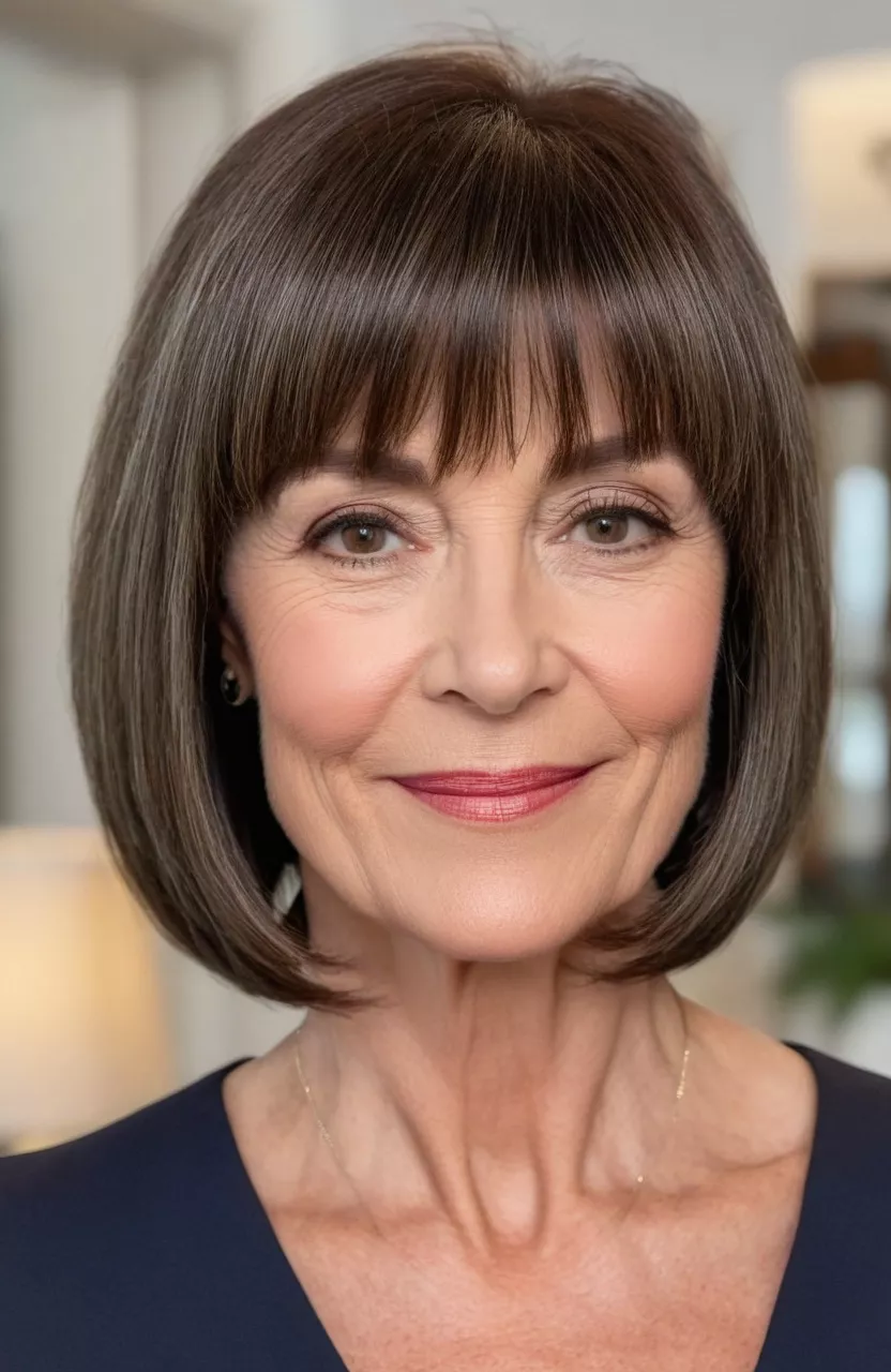 Sleek Brunette Bob with Wispy Bangs A photo of a 55-year-old Debra, sleek brunette bob with wispy bangs, front view, living room background