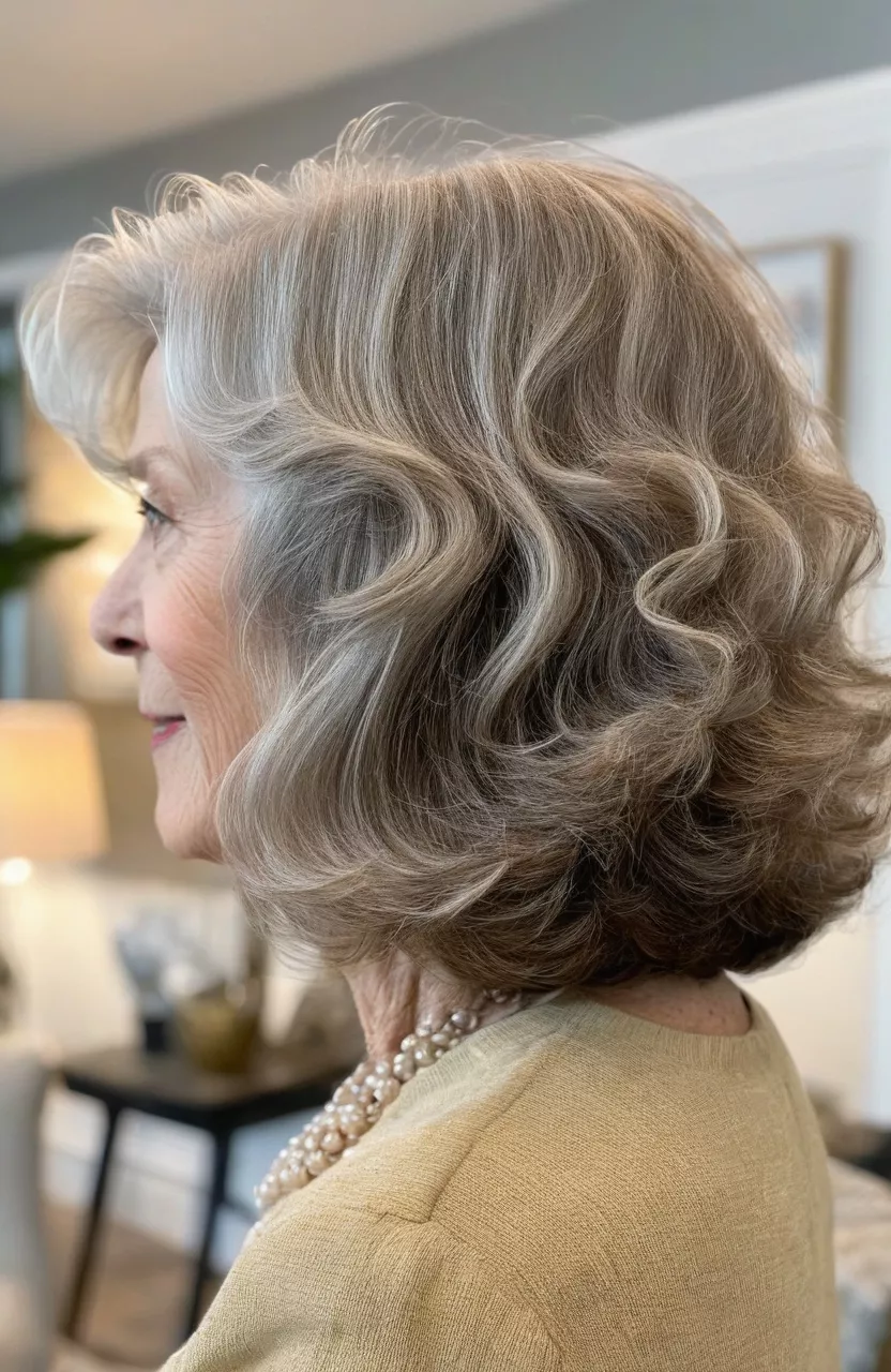 Long Wavy Bob A photo of a 79-year-old Brenda, long wavy bob, back view, living room background