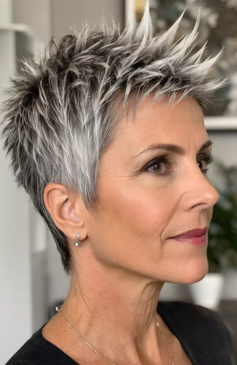 A photo of a 51-year-old Donna, textured spiky pixie with platinum highlights, side view, living room background