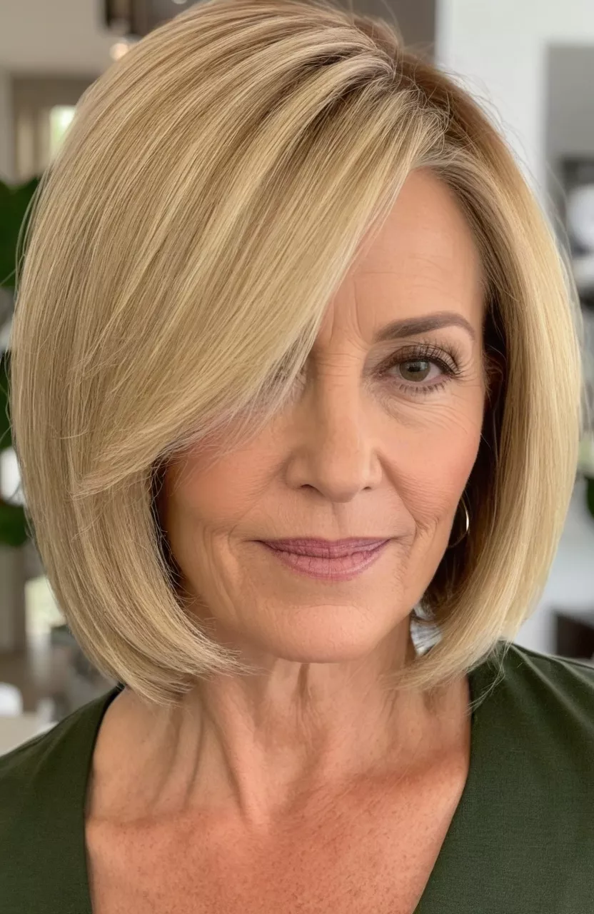 Chopped Blonde Bob A photo of a 54-year-old Deborah, chopped blonde bob, front view, living room background