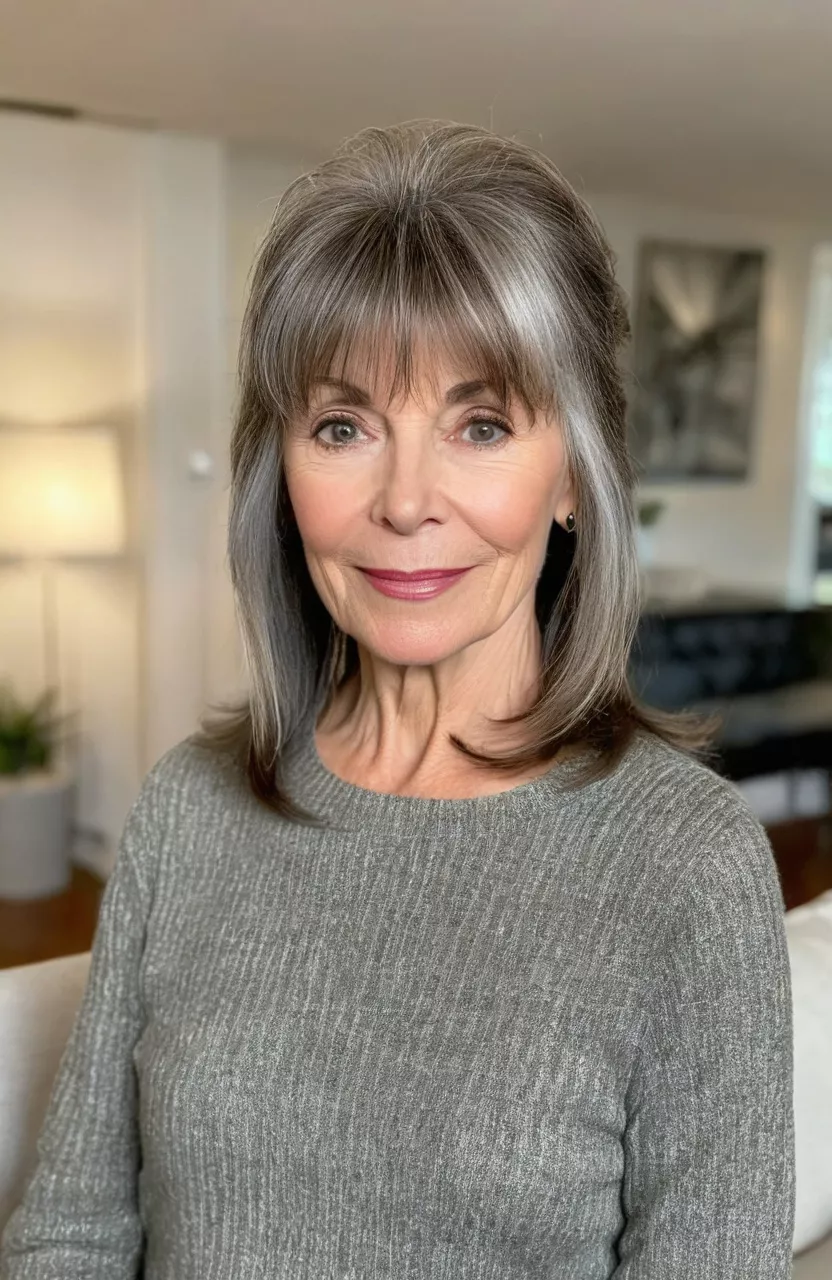 Wispy Bangs A photo of a 61-year-old Donna, wispy bangs, front view, living room background