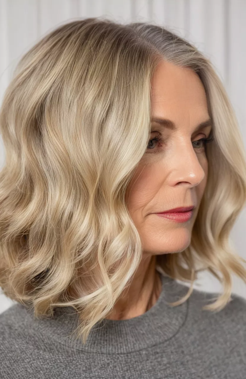 Blonde Angled Lob with Soft Waves A photo of a 53-year-old Helen, blonde angled lob with soft waves, side view, living room background