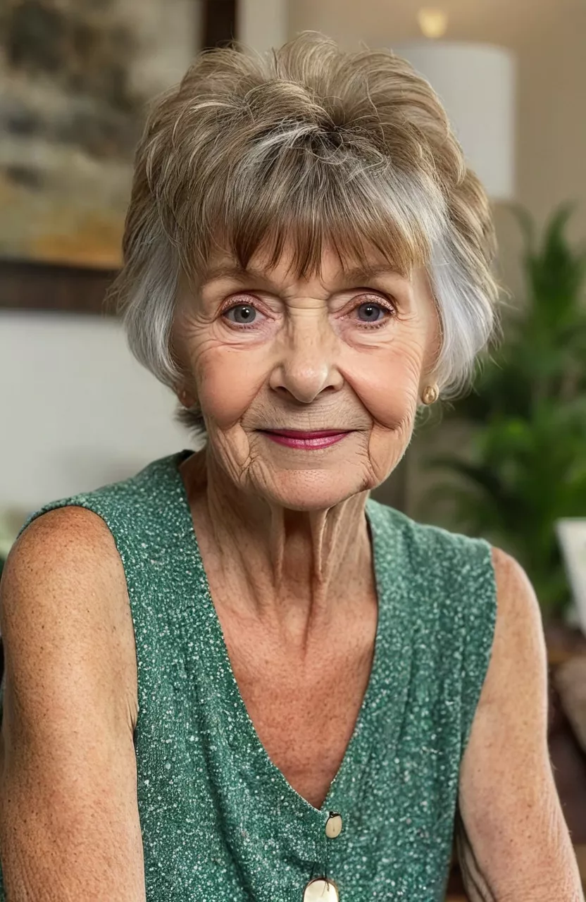 Shaggy Pixie with Bangs A photo of a 75-year-old Ruth, shaggy pixie with bangs, front view, living room background