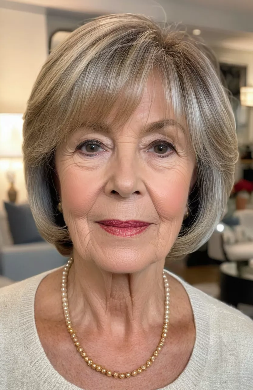 A photo of a 73-year-old Patricia, classy layered bob, front view, living room background