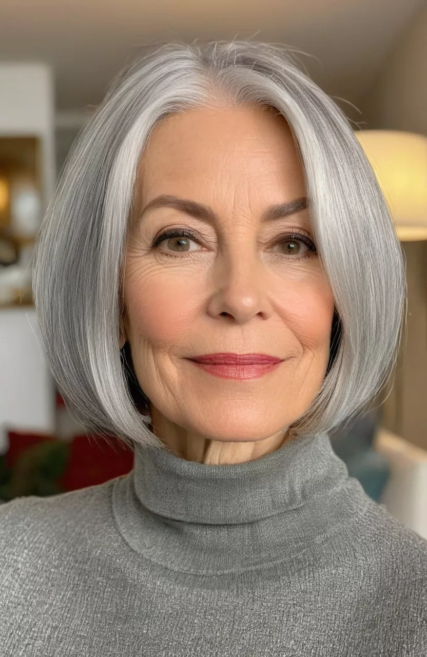 Classic Bob for Silver Hair A photo of a 52-year-old Susan, classic bob for silver hair, front view, living room background