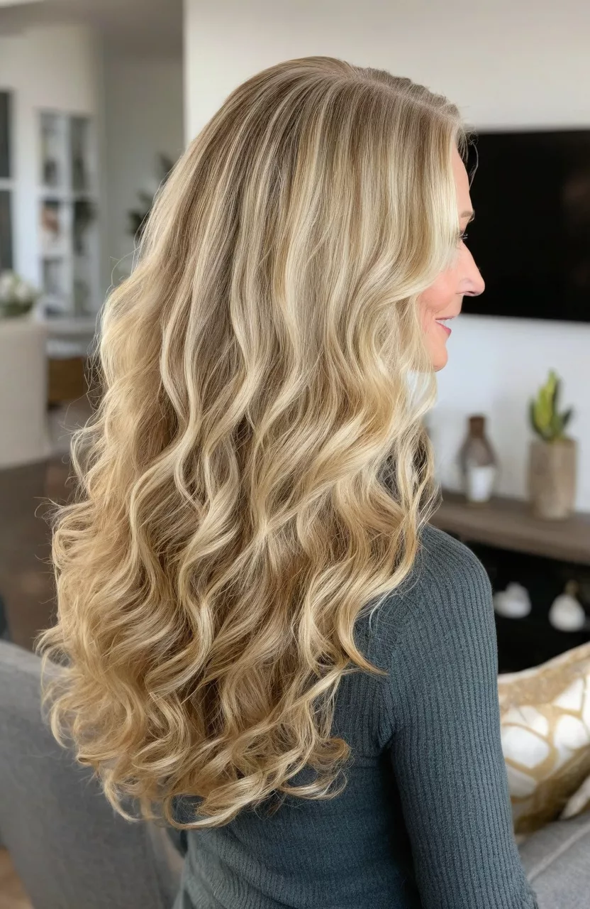 A photo of a 60-year-old Kathleen, long blonde waves, back view, living room background