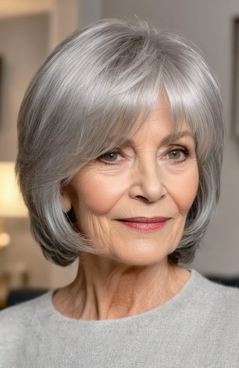 A photo of a 72-year-old Jennifer, silver bob with face-framing wispy layers, front view, living room background