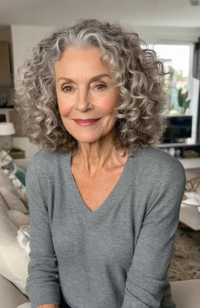 Curly Lob A photo of a 62-year-old Diane, curly lob, front view, living room background