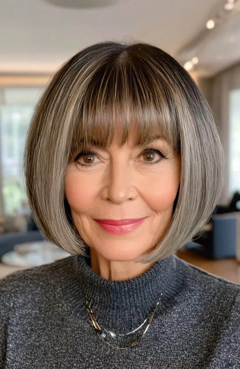 Round Bob A photo of a 53-year-old Lisa, round bob, front view, living room background