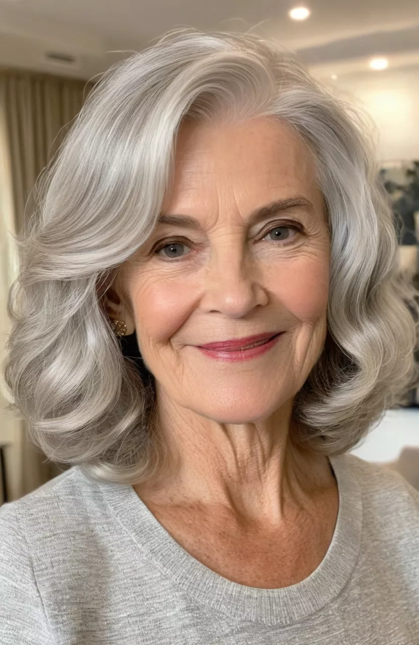 A photo of a 62-year-old Ruth, silver blonde shoulder-length waves, front view, living room background