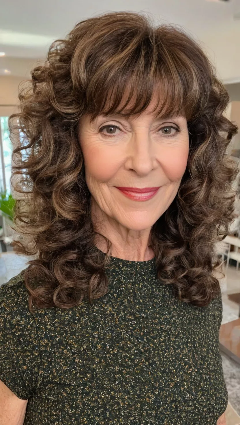 A photo of a 57-year-old Brenda, medium-length curls with bangs, front view, living room background