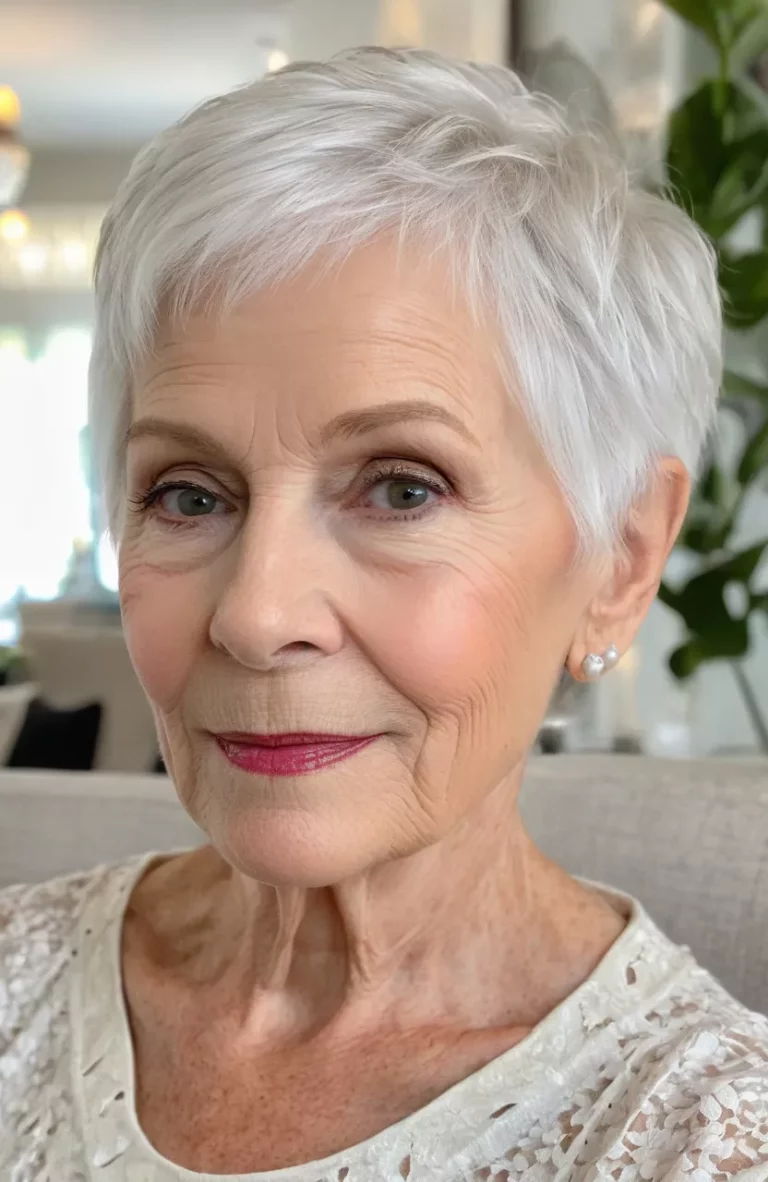 A close-up photo of a 72-year-old Helen, platinum white pixie, front view, living room background