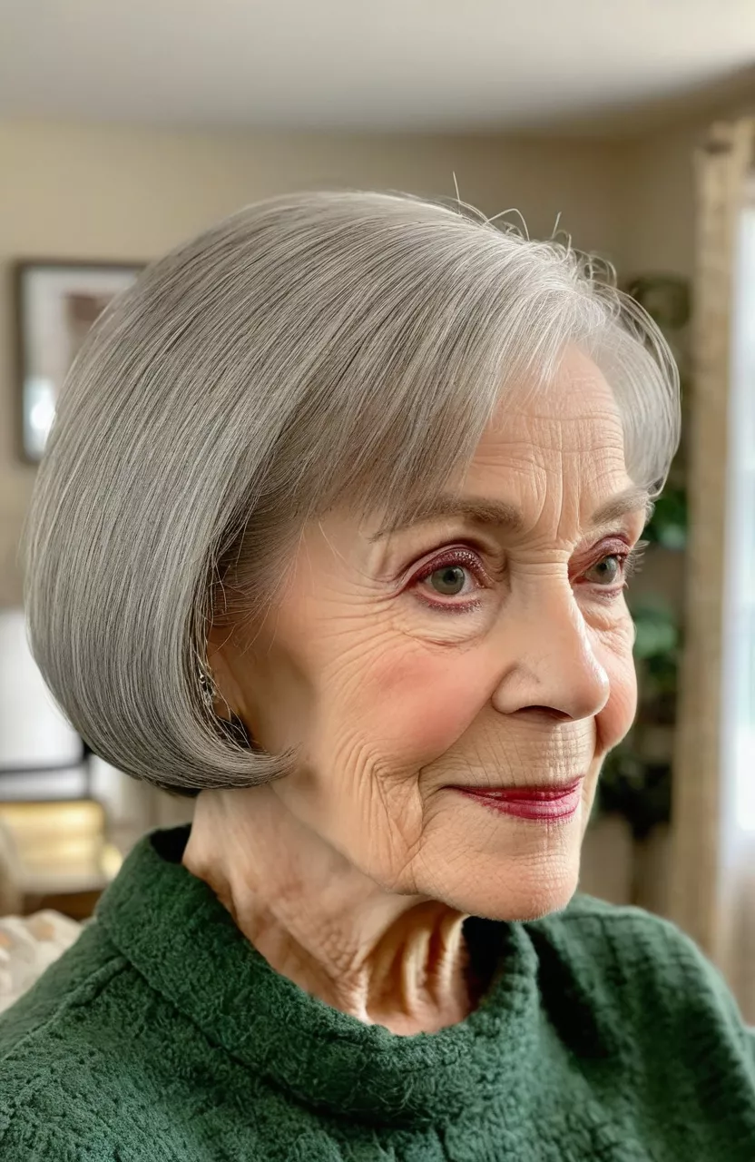 A photo of a 72-year-old Dorothy, A-line bob, side view, living room background