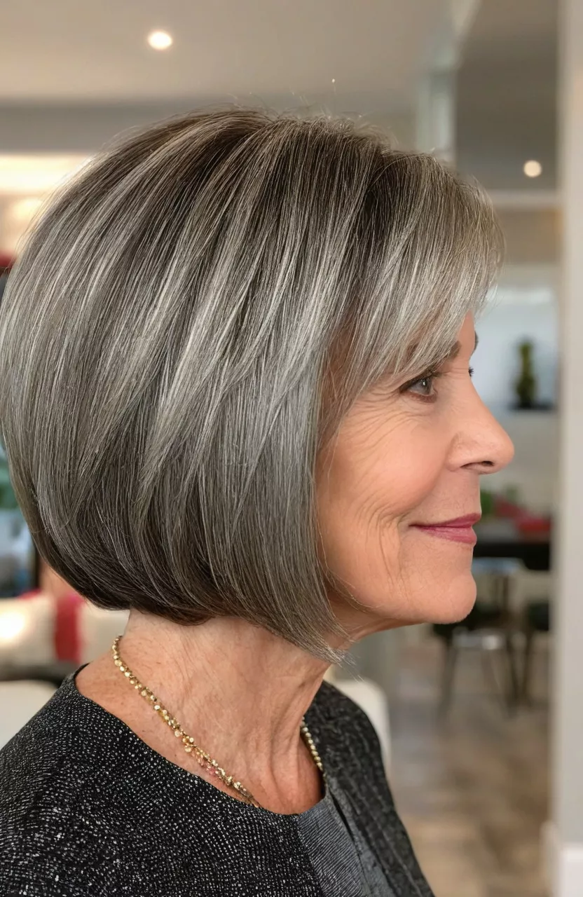 Graduated Bob A photo of a 57-year-old Nancy, graduated bob, side view, living room background