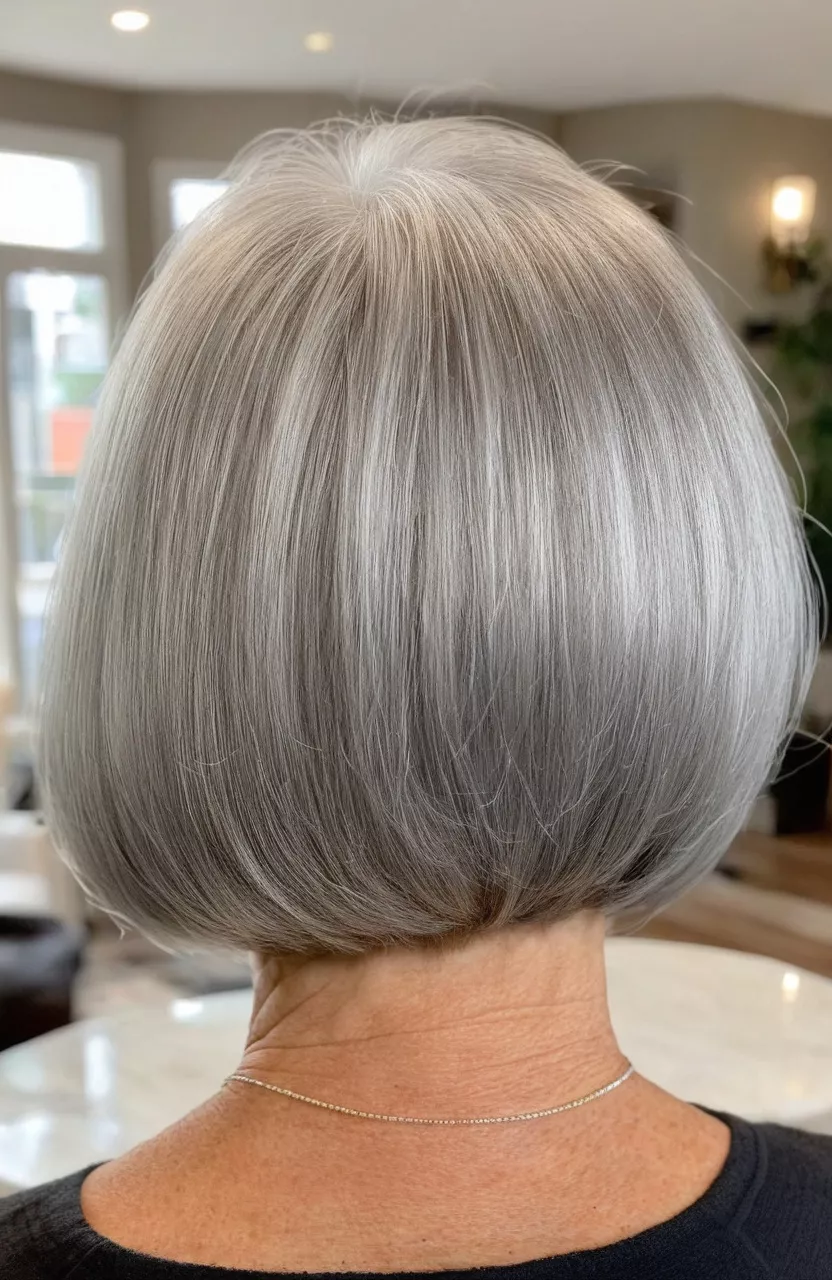A photo of a 71-year-old Michelle, short stacked silver bob, back view, living room background