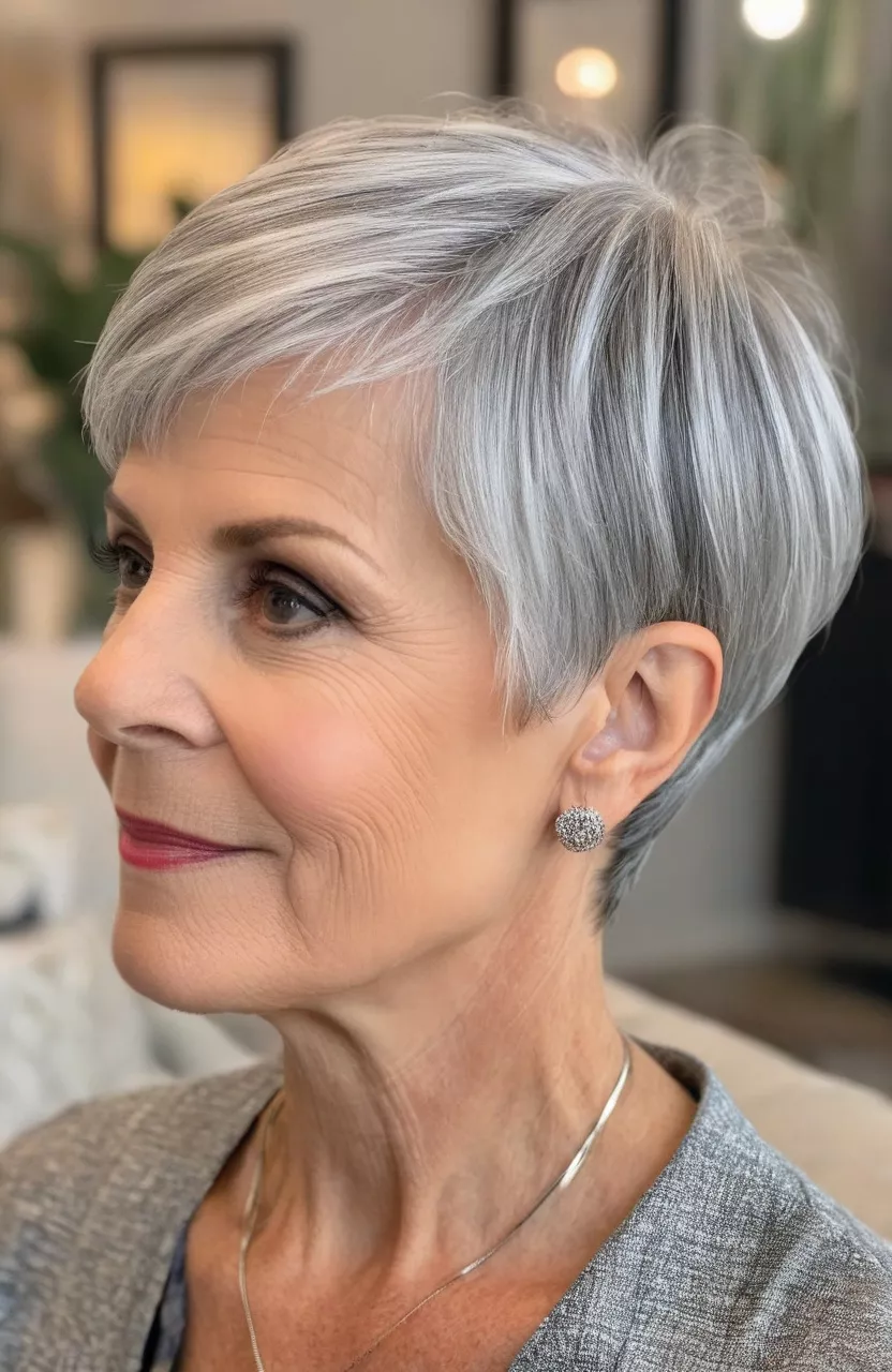 A photo of a 61-year-old Margaret, short silver pixie bob hybrid cut, side view, living room background