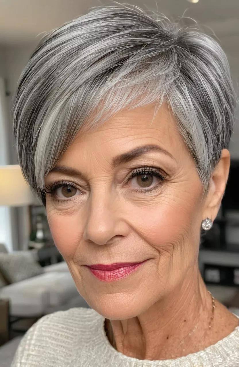 Salt and Pepper Pixie Bob A photo of a 58-year-old Angela, salt and pepper pixie bob, front view, living room background