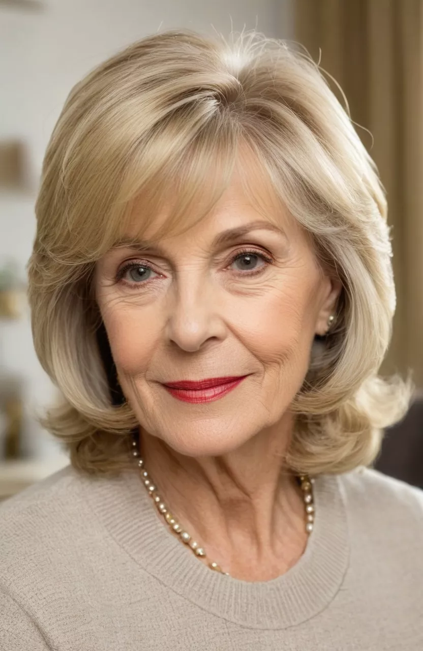 A photo of a 69-year-old Frances, shoulder-length blonde layers with side-swept bangs, front view, living room background